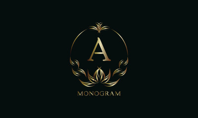 Vintage gorgeous royal monogram with letter A on a dark background. Exquisite gold floral logo for business, restaurant, boutique, cafe, hotel, etc.