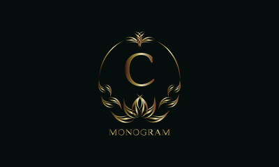 Vintage gorgeous royal monogram with letter C on a dark background. Exquisite gold floral logo for business, restaurant, boutique, cafe, hotel, etc.