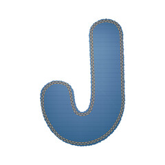 Illustration of alphabet letter J made from denim with torn raw edge, trimmed with orange threads along the edge. Vector. Can be used in web design, print, posters, word and capital letter layouts