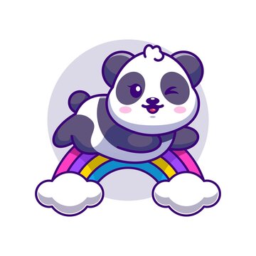 Cute panda jumping with rainbow cartoon