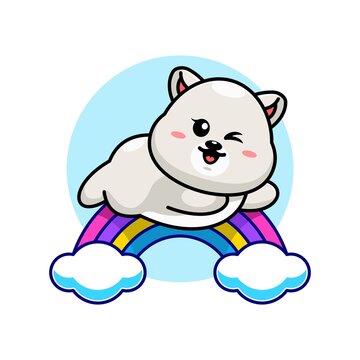 Cute polar bear jumping with rainbow cartoon