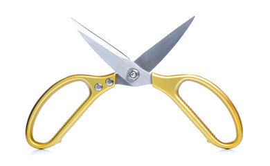 Gold scissors tool on white background isolation