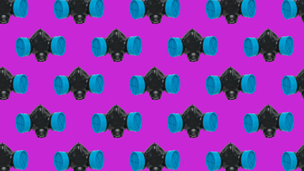 A pattern of black and blue gas masks on a purple background.