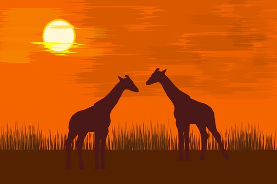Landscapes of the nature of Africa in brown, orange and yellow tones with the image of the silhouettes of two giraffes for the site, article, print, design