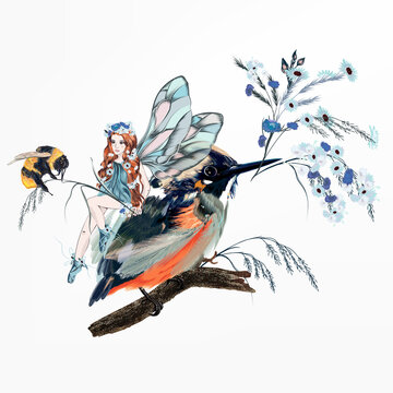 Beautiful Vector Illustration With Girl Fairy, Bumble Bee And Bird