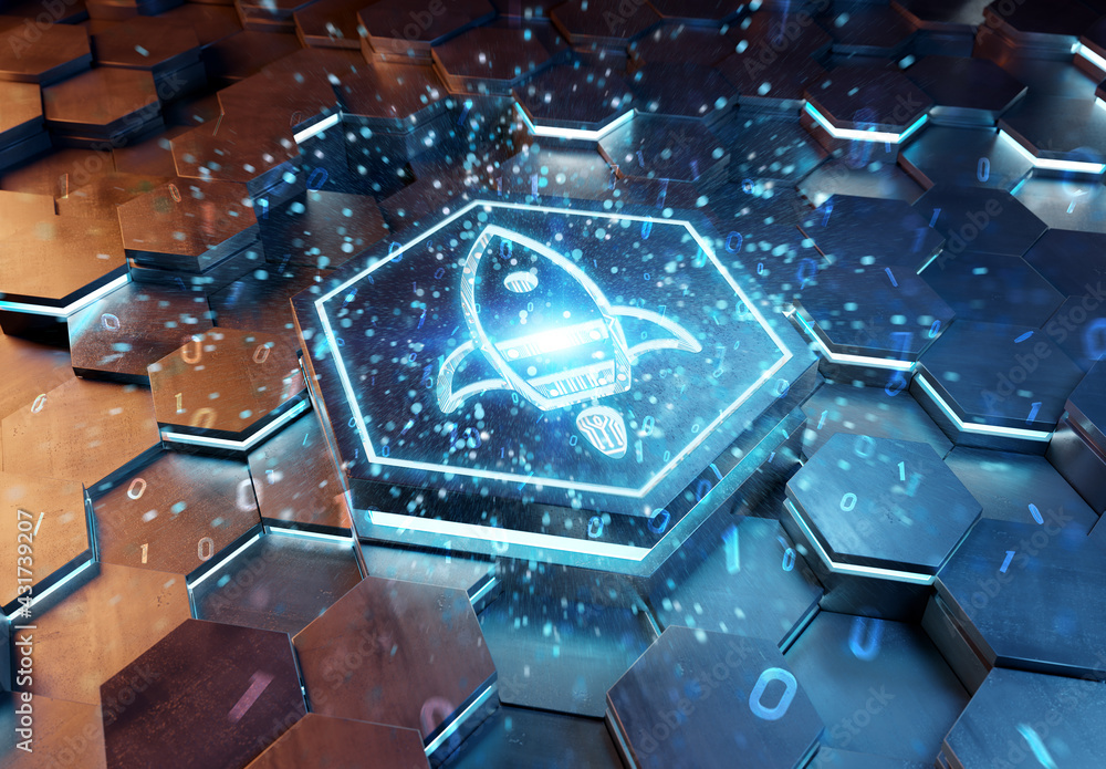 Poster Spaceship icon innovation concept engraved on metal hexagonal pedestral background. Rocket startup logo glowing on abstract digital surface. 3d rendering