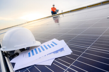 Solar panels of a solar power station at a photovoltaic power station Engineers working on the...