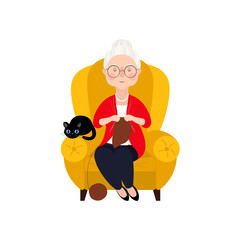 A pretty old lady with a wrinkled face and gray hair sits in a chair and knits. A woman with a black cat. Vector stock hand-drawn illustration isolated on a white background