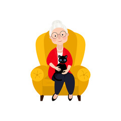 A pretty old lady with a wrinkled face and gray hair sits in a yellow chair with a black cat. Vector stock hand-drawn illustration isolated on a white background