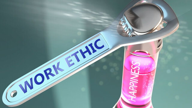 Work ethic open the way for happiness - shown as a happy bottle opened by Work ethic to symbolize the effect and impact of Work ethic, its good values, 3d illustration