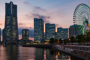 Yokohama skyline at Sunset. Minato Mirai 21 area. Japan.