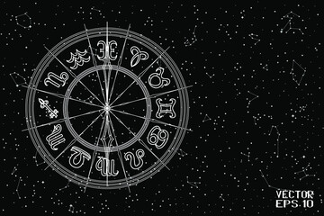 Round Frame with Zodiac Signs. Horoscope Symbol. Panoramic Sky Map of Hemisphere. Black and White Constellations on Starry Night Background. Vector Illustration