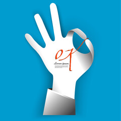Illustration of OK. Hand cut out of paper sheet shows ok sign. Flat style with 3D effect. Vector image.