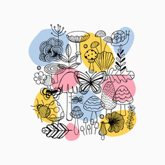 Various mushrooms and insects composition. Linear graphic. Scandinavian minimalist style. Forest elements. 