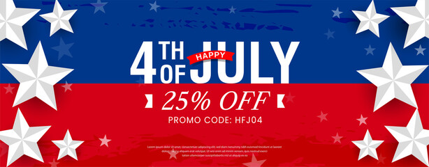 Happy 4th of July sale, discount, offer lettering design on red and blue watercolor, grunge background with 3d star. Promotional advertising banner template.
