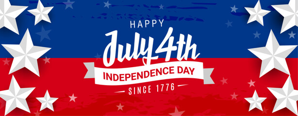 Happy 4th of July, independence day since 1776 design with ribbon on red & blue watercolor, grunge background with 3d star. Promotional advertising banner template for Brochures, Poster, or Banner.
