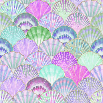 Watercolor sea shell seamless pattern. Hand drawn seashells texture vintage ocean background