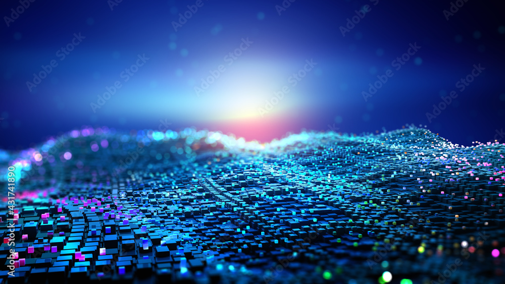 Aufkleber cyberpunk digital city. global cyberspace. 3d illustration of wireless internet technologies. databa