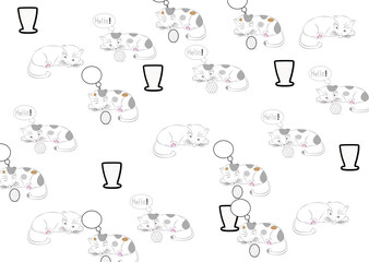 Cartoon cat drawing picture Wallpaper, sleeping cat, black stripes and dreams on a white background, make a logo, print stickers and decorate various patterns. And enter a message Vector illustration.