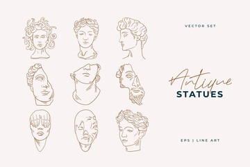 Linear drawings of heads of antique statues of the goddess and mythical god in the engraving style. Creative minimal linear woman vector with growing branch from her head.
