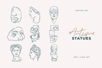 Linear drawings of heads of antique statues of the goddess and mythical god in the engraving style. Creative minimal linear woman vector with growing branch from her head.