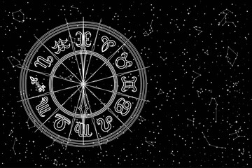 Round Frame with Zodiac Signs. Horoscope Symbol. Panoramic Sky Map of Hemisphere. Black and White Constellations on Starry Night Background. Raster Illustration