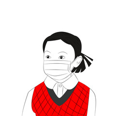 Black line drawing girl wearing red shirt Wearing a medical mask on a white background.