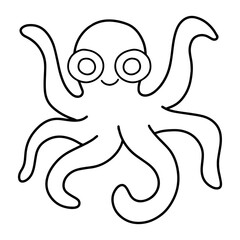 Funny cartoon hand-drawn octopus doodle stock vector illustration. Simple linear tropical octopus black outline white isolated. Sea-themed coloring page for kids printable page