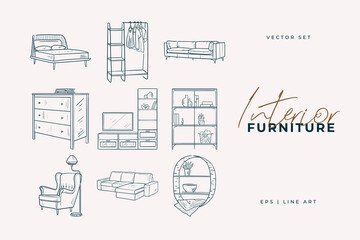 Stylish furniture set. Home decor line art drawing. Doodle illustration. Stay home. Minimal vintage style. Doodle plant vector illustration. Pure nature organic brush. Line drawing.