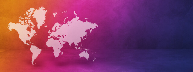 World map on rainbow wall background. 3D illustration. Horizontal banner