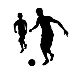 Father playing soccer with his son  or boys having fun silhouette vector illustration