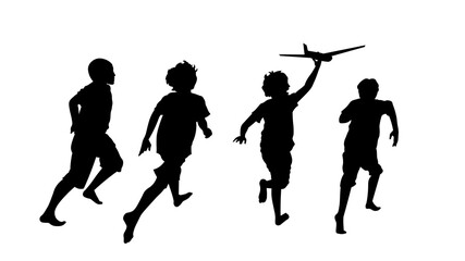 Happy children running. Kids playing with toy plane silhouette vector illstration