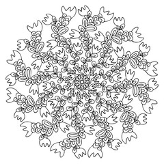 Obraz premium Fantasy plant and flowers mandala coloring page stock vector illustration. Hand-drawn spiral floral antistress mandala ornament for printing, coloring and fun