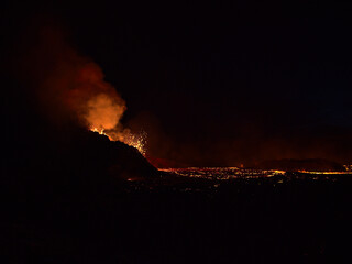 View of volcanic eruption in Geldingadalir valley near Fagradalsfjall mountain, Grindavík,...