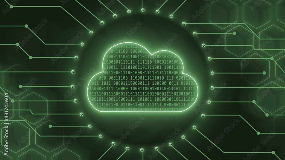 Poster digital cloud computing concept in green - binary code into data cloud between information connectin