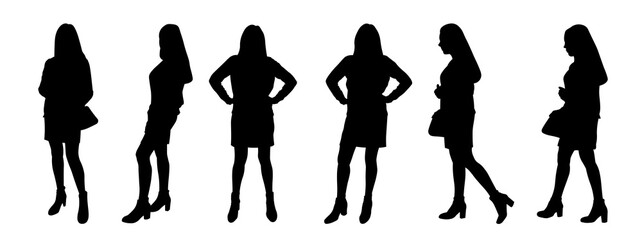 Attracive woman in different poses standing and walking silhouette vector illustration