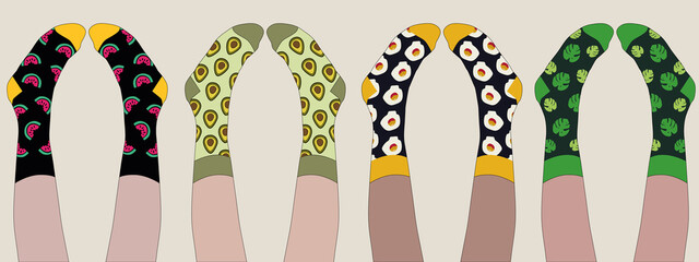 Multi-colored socks with different prints. Socks are worn on the legs of different people who lie on their backs. Beige background. Long illustration