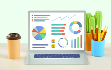 3D illustration of cartoon office workplace with open laptop, pencils, coffee cup and cactus. Computer display with graphs and charts. Financial report, accounting, analysis, research.