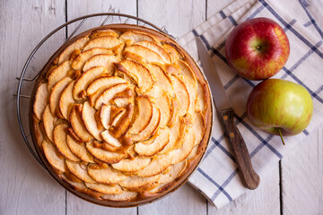 Apple pie, delicious pastry dessert with slices of apple on top