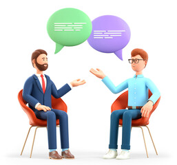 3D illustration of two men meeting and talking with speech bubbles. Businessmen characters sitting in chairs and discussing. Successful partnership, psychologist counseling, support session.