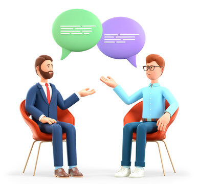 3D Illustration Of Two Men Meeting And Talking With Speech Bubbles. Businessmen Characters Sitting In Chairs And Discussing. Successful Partnership, Psychologist Counseling, Support Session.