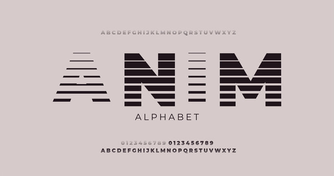 Retro futuristic alphabet fonts in 80s style. Sci-fi monohromic abstract type in Retrowave, synthwave style. Modern minimalistic typeface composed of stripes