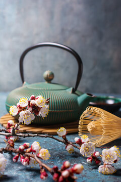 Green japanese cast iron teapot with bamboo whisk and spring blooming twigs