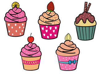 Cute cupcake set painting On a white background.
illustration.