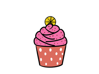 Cute cupcake drawing decorated with oranges on white background.