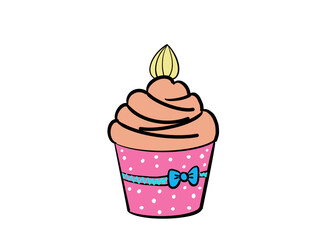 Set of cute cupcakes and fruit wallpaper on leaf background.