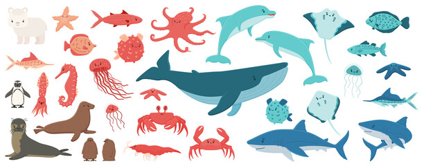 Big set of cartoon isolated sea ocean north animals. Doodle vector whale, dolphin, shark, stingray, jellyfish, fish, stars, crab, king Penguin chick, octopus, fur seal, polar bear cub, flat style © essskina