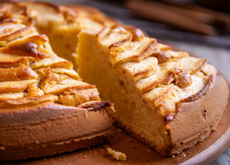 Fototapeta na wymiar Apple pie, delicious pastry dessert with slices of apple on top