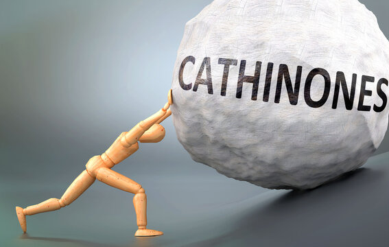 Cathinones and painful human condition, pictured as a wooden human figure pushing heavy weight to show how hard it can be to deal with Cathinones in human life, 3d illustration