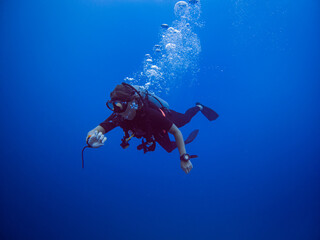 Diver looking at his computer. Clear blue water. Diver with bubbles. Solo Diver. 